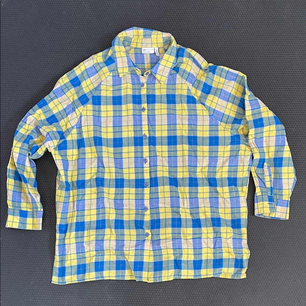 ASOS Women’s Sz 10 Blue and Yellow Plaid Button Down Shirt 100% Cotton